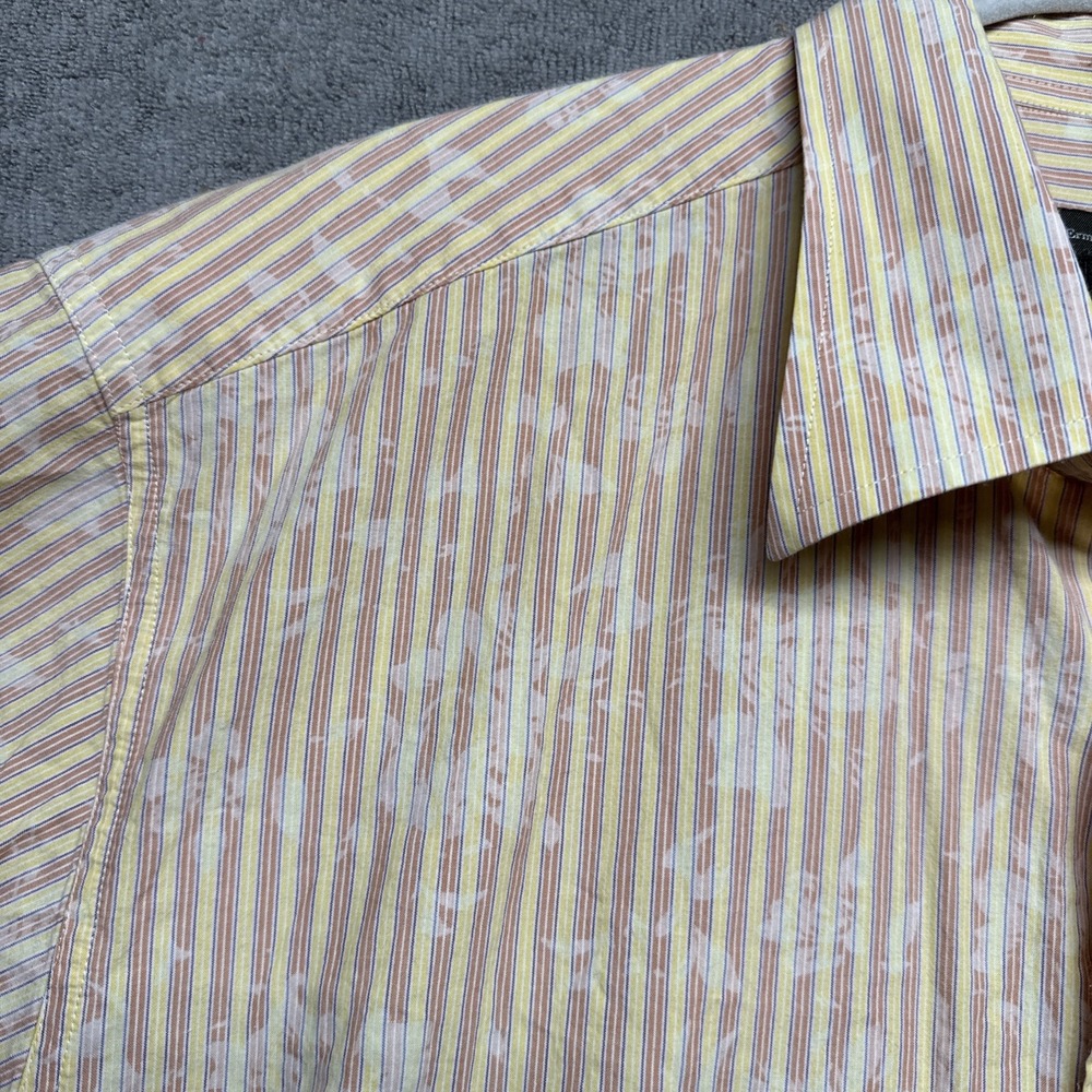 Zegna Italian Cotton Shirt XL Yellow Floral Stripe Short Sleeve Classic Fit
